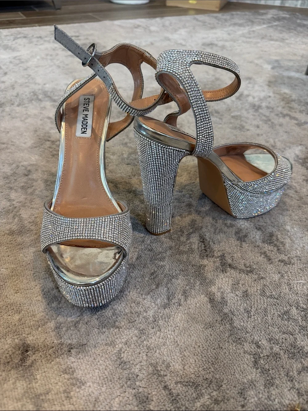 Steve Madden Silver Rhinestone Platform Sandals with Ankle Strap